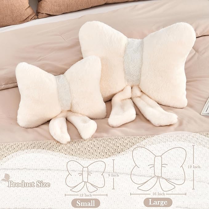 XVTRU Ivory Bow Pillow, Soft Bow Decorative Pillows with Faux Rabbit Fur, Cute 12" Bow Throw Pillows, Aesthetic Home Decor Bow Shaped Plush Pillow for Bedroom Sofa Couch