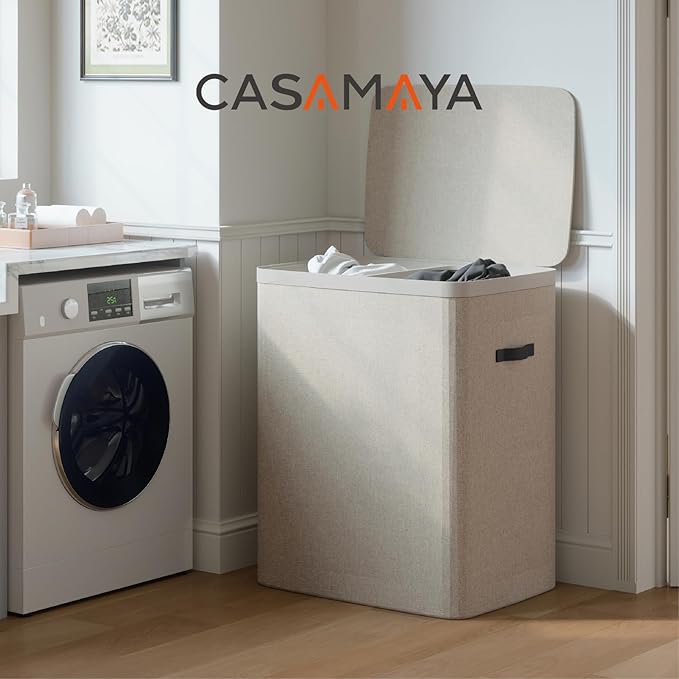 CASAMAYA Laundry Basket with Lid, Laundry Hamper 2 Section, 170L collapsible Laundry Organizer, Easy Assembly, with Handles and Removable Liners, 22 x 15.7 x 29.5 Inches, Beige JSP903M - Image 2