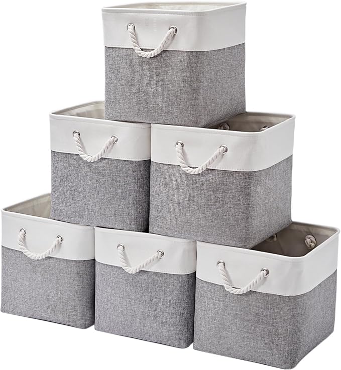13 x 13 Inch Storage Cubes,6 Pack Cube Storage Bins for Shelves，Fabric Collapsible Storage Bins with Handles, Foldable Storage Basket for Organizing Clothes, Toys, Books (White&Gray) by ISEMINGLA