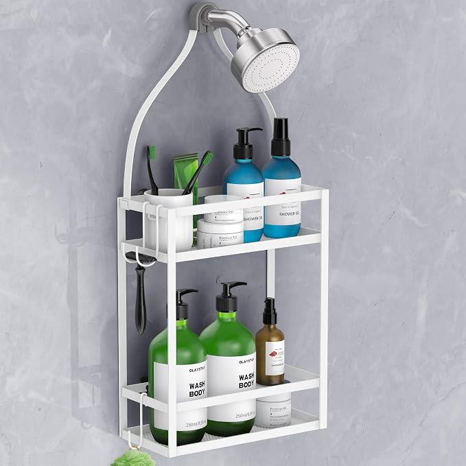 Meangood Shower Caddy 10.4" x 4.5" x 22.04" Hanging Shower Caddy Organizer Over Shower Head Big Capacity for Shampoo, Conditioner with Hooks for Razor/Sponge, White by Meangood
