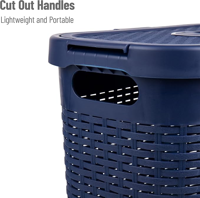 Mind Reader Slim Laundry Hamper with Lid, 40L Clothes Basket, Narrow Tapered Design with Ventilated Cutout Pattern, Plastic, Navy - Image 4