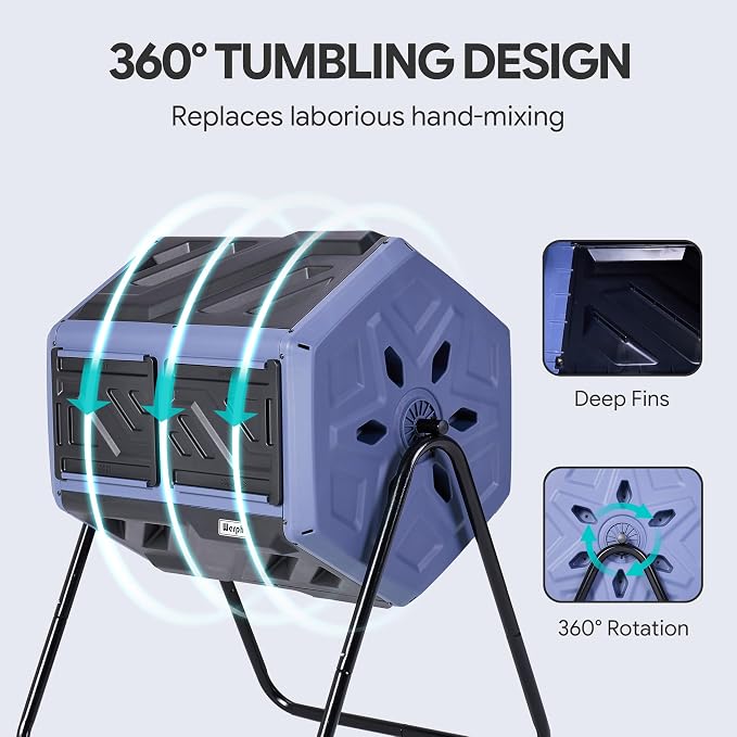 Werph Updated 43 Gallon Dual-Chamber Compost Bin, Fast Assembly Rotating Outdoor Compost Tumbler, Batch Composter with Gloves for Garden, Kitchen, and Yard Waste, Purple & Black - Image 6
