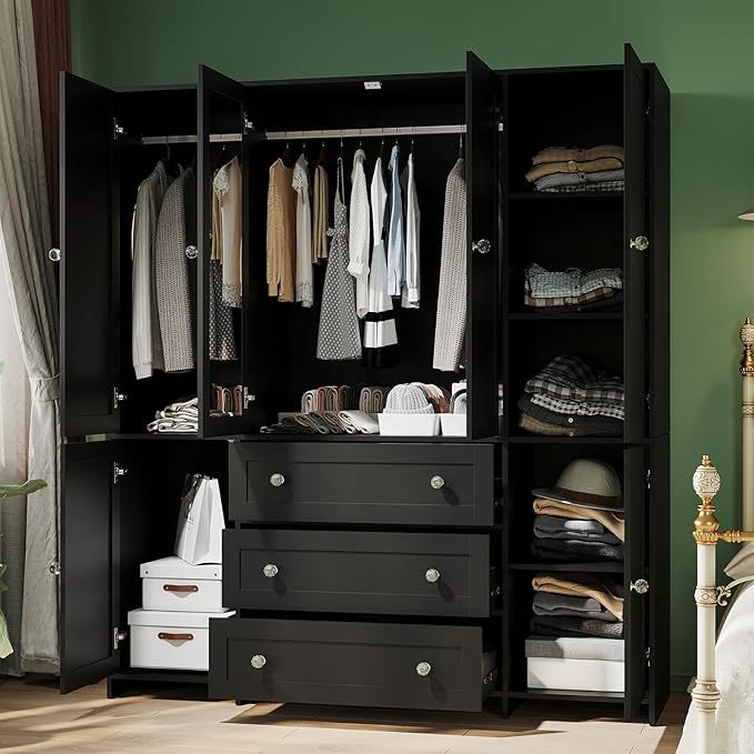 VOWNER Armoire Wardrobe Closet with Drawers and Mirror, 71" Clothing Storage Cabinet with Hanging Rod, 6 Doors Wooden Wardrobe Cabinet for Bedroom, Large Capacity Storage