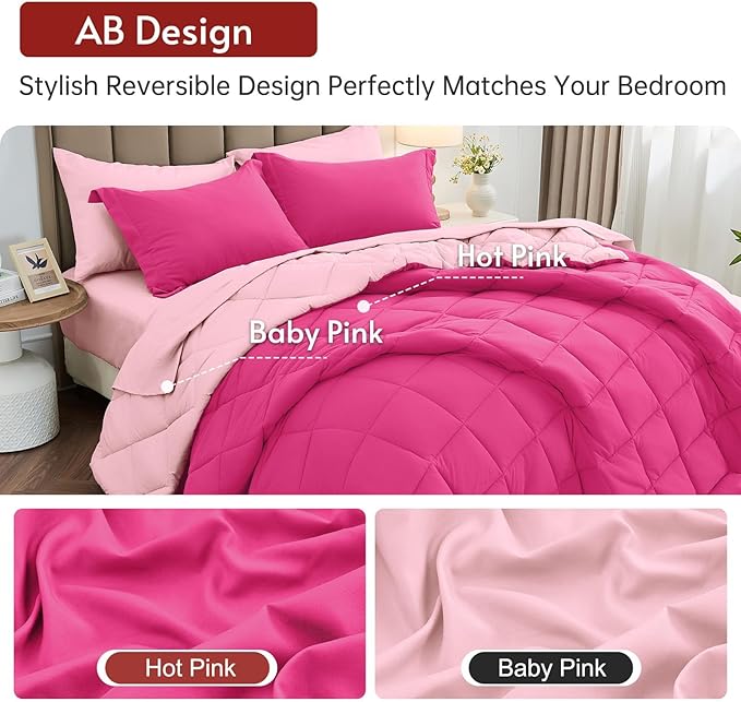 MUXHOMO 7 Pieces Full Comforter Set, Reversible Bed in a Bag Full Size, All Season Bedding Set with Comforter, Flat Sheet, Fitted Sheet, Pillowcases & Shams, Hot Pink & Baby Pink
