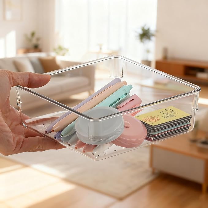 Ohlove 6 Pcs Large Clear Plastic Drawer Organizers Tray 6" x 6" Storage Bins with 25 Pcs Non-Slip Pads for Makeup, Jewelries, Kitchen Utensils, Bathroom and Office - Image 4