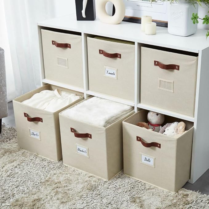 DECOMOMO Storage Bins, Cube Storage Bin with Labels, Fabric Storage Cubes for Shelves (10.5" x 11" / 2pcs, Beige) - Image 8