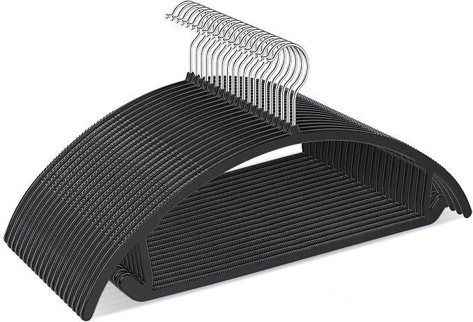 Ergonomic Curved Plastic Hangers 50pack - No Shoulder Bump Design, Non-Slip Grip for Delicate Fabrics, Heavy Duty Clothes Hangers, Holds Up to 11lbs - Ideal for Silk, Coats & Winter Wear(Black) by TIMMY