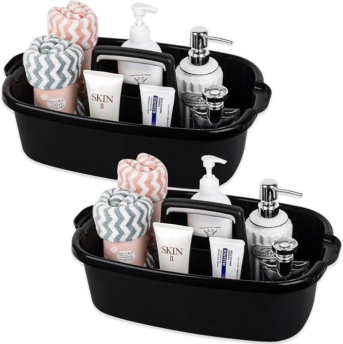 Large Cleaning Supplies Caddy Portable Shower Basket Supply Organizer with Handle Plastic Bucket Tool Storage for Bathroom, Bedroom, Kitchen, College Dorm, Garden, Black 2 Pack by JiatuA