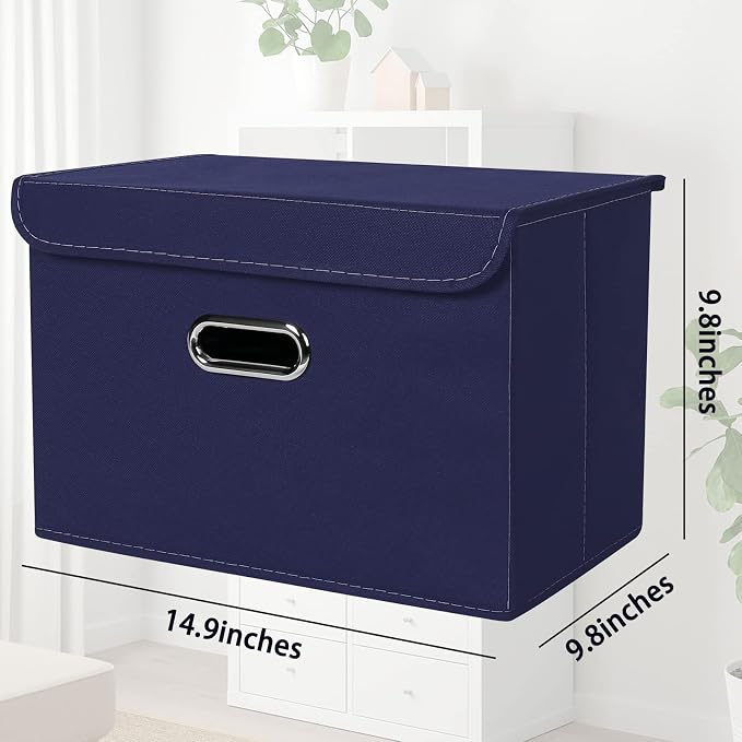 STOREONE Fabric Storage Cube Bins Foldable Organizer Container Collapsible Basket with Lids and Metal Handles, for Home, Bedroom, Closet 8 Pcs (Navy Blue) - Image 2