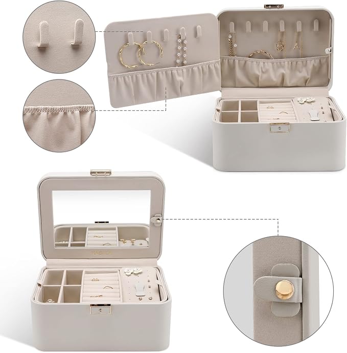 KAMIER Jewelry Box, 2 Layers PU Leather Jewelry Organizer Box, Large Capacity, Double Lock and Large Mirror, Hidden Necklace Hooks, Removable Dividers, Grey - Image 3