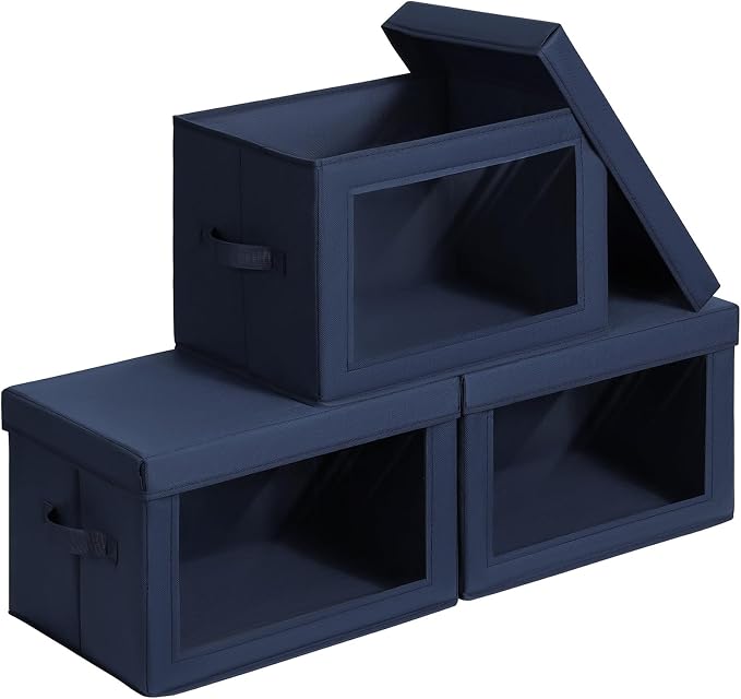 Homsorout Stackable Storage Bins with Lids - Large Storage Box with Lids, Foldable Closet Boxes for Organizing, Wardrobe Clothes Organizer with Window, Cubes Bins for Living Room, 3 Pack, Navy Blue by Homsorout
