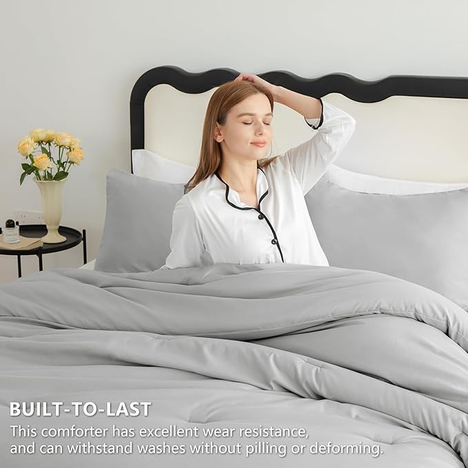 CozyLux Full Size Comforter Set Light Grey, 3 Pieces Solid Breathable Quilted Bedding Sets, Light Gray Luxury Lightweight Soft Bed Set with Down Alternative Comforter and 2 Pillowcases for All Seasons
