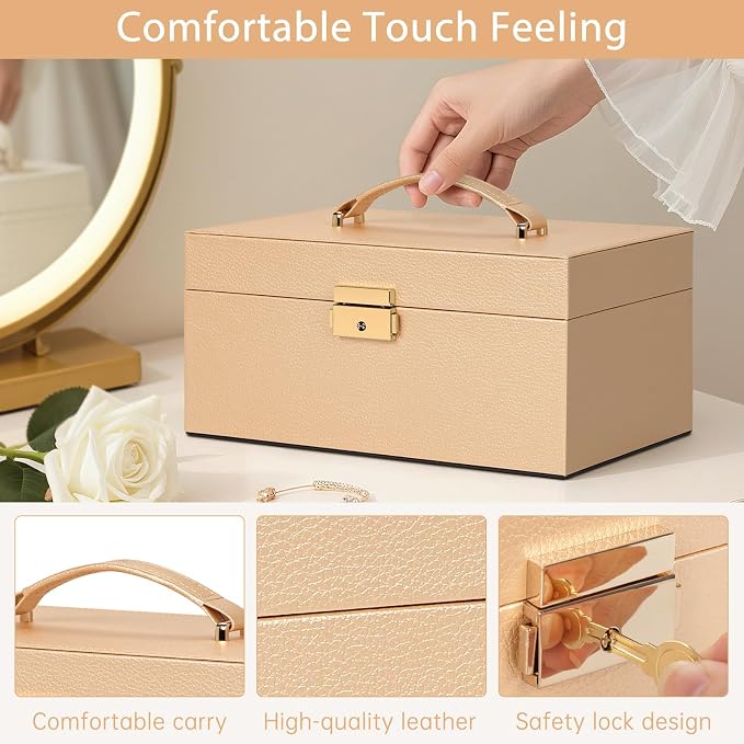 AKOZLIN Travel Jewelry Box Organizer Functional 2-trays Leather Jewelry Storage Case with Lockable Portable for Women Girls Ring Necklace Earring Bracelet Champagne - Image 7