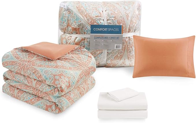 Comfort Spaces Bed in A Bag - Trendy Casual Design Cozy Comforter with Complete Sheet Set with Side Pocket, All Season Cover, Matching Shams, Twin(66"x90"), Gloria, Damask Coral 6 Piece