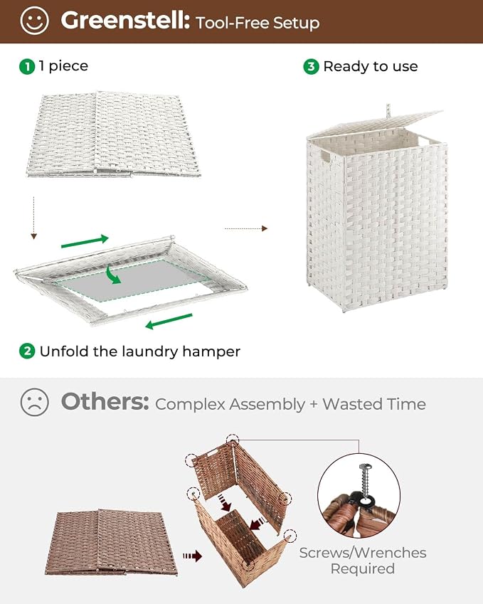 Greenstell Laundry Hamper with 2 Removable Liner Bags，90L Divided Clothes Hamper, Handwoven Synthetic Rattan Foldable Laundry Basket with Lid and Handles White (18.5 x 13.3 x 24.0Inches) - Image 5