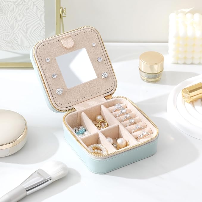 Genuine Leather Travel Jewelry Case Organizer with Mirror for Women, Small Jewelry Box Portable Mini Jewelry Case for Earring, Ring, Necklace, Bracelet(Cyan) - Image 2