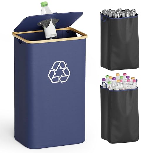 SpaceAid Recycling Bin for Kitchen 26 Gallon, 100L Recycle Bin with Lid and 2 Reusable Inner Bags, for Bottle Can Glass Plastic Stickers, Blue by SpaceAid