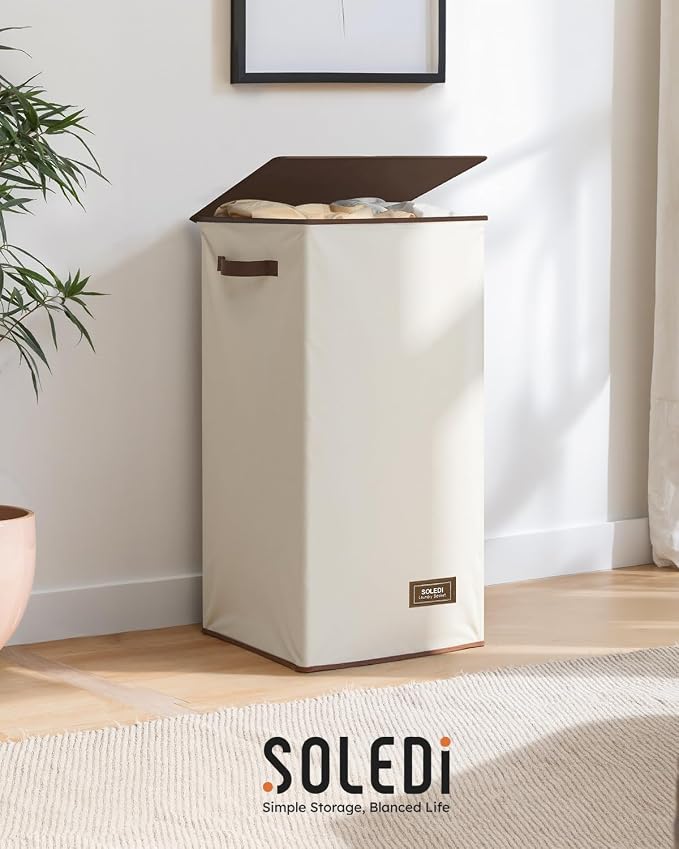SOLEDI Clothes Hamper with Lid - 100L XL - Large Laundry Basket with Removable Bag, Collapsible Laundry Baskets, Convenient Storage - Hampers for Laundry for Bedroom, Bathroom, Closet, Dorm, Off-White - Image 9