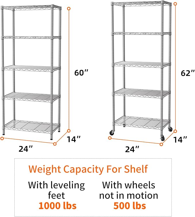 SINGAYE 5 Shelf Storage Wire Shelves Closet Bathroom Organizers Metal Pantry Kitchen Garage Shelving Unit Laundry Room Organization Home Narrow Rack Net Basket with Wheels Silver - Image 3