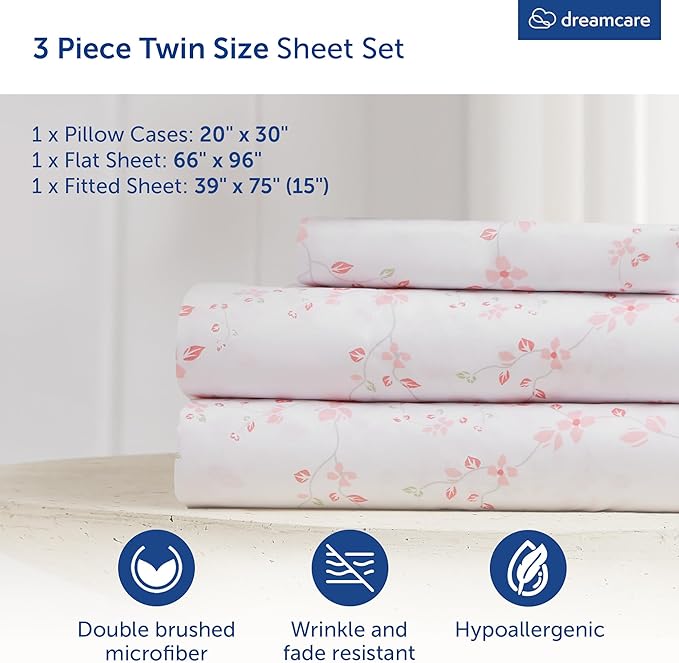 DREAMCARE Twin Sheets - 3 pcs Breathable Cooling Bed Sheets - up to 15" Deep Pocket Twin Bed Sheets with Side Pockets - Extra Soft 100% Brushed Hypoallergenic Hotel Luxury Bedding - Floral Blossom