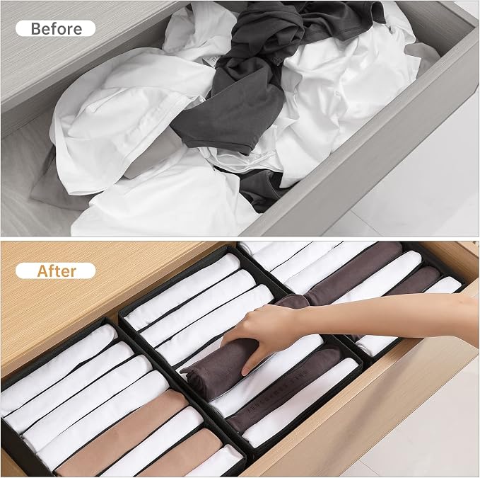 4 Packs T-shirt Drawer Organizers for Clothing,8 Grids Compartment Wardrobe Storage Box, Washable Clothes Organizer for Folded Clothes, Legging, Silk Scarve-Black - Image 5