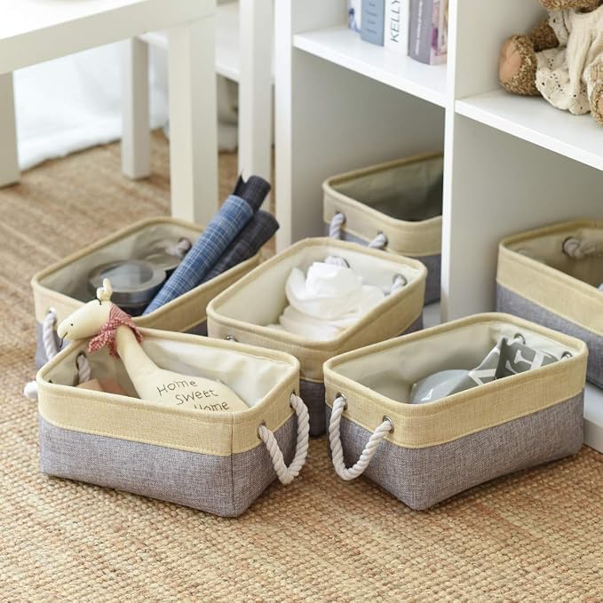 TheWarmHome Storage Baskets for Organizing - 11.8x7.8x5.2 inch Small 6 Pack Storage Bins for Shelve, Farbic Storage cubes Organizer for Baby Toys Nursery (Gold & Grey) - Image 2