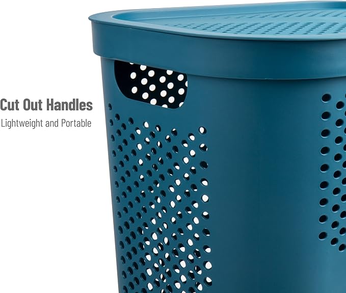 Mind Reader 60L Slim Laundry Hamper, Clothes Basket, Lid, Ventilated, Plastic, Set of 2, Blue - Image 4