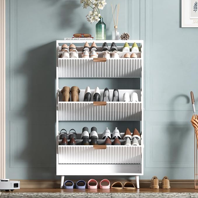 Shoe Cabinet Storage,Modern Freestanding Organizer with 3 Flip Drawers,Narrow Shoe Rack Cabinet for Entryway,White by QIVOMIX