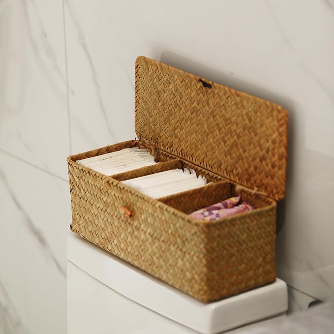 DECRAFTS Seagrass Storage Basket with Lid Rectangular Small Woven Shelf Baskets with Sections for Organize Snack Toys Tampon - Image 7