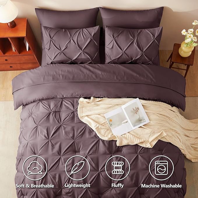CozyLux Full Size Comforter Sets Cocoa Powder, 7 Pieces Pintuck Bed in A Bag Cocoa Powder Comforter Full Size, Pinch Pleat Bedding Sets with All Season Comforter, Sheets, Pillowcases & Shams