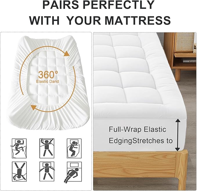 Quilted Mattress Pad Pillow Top Mattress Cover Protector Cooling Soft for Breathable Padded Deep Pocket 8-21 Fitted Supportive(White,Queen Size)