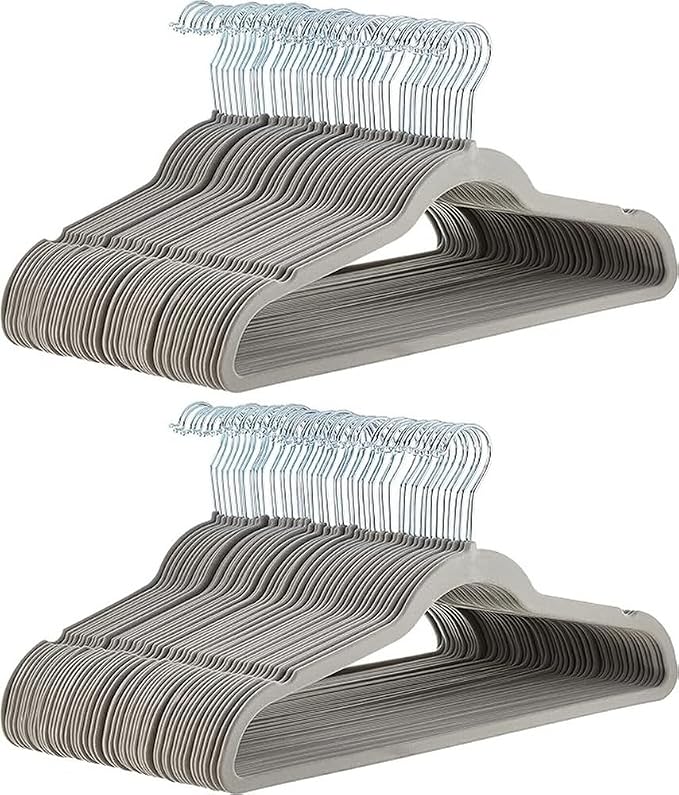 Amazon Basics Slim Velvet Non-Slip Space Saving Suit Clothes Hangers for Closet Organization, Gray/Silver, 100-Pack by AmazonBasics