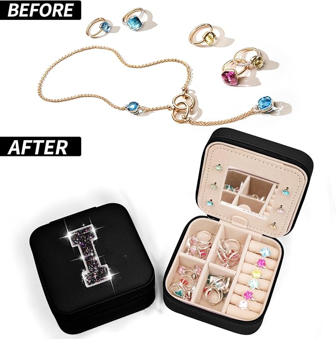 Uygafly Personalized Jewelry Case for Women Girls - Fashion Mini Jewelry Boxes - Trendy Travel Jewelry Organizer with Initials Letter - Teen Gifts | Black,I - Image 6