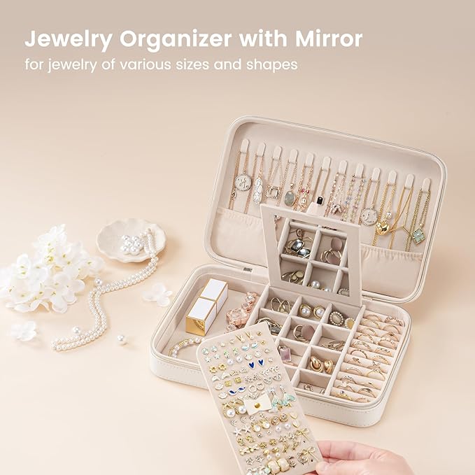 Lolalet Travel Jewelry Case for Women Girls, Travel Jewelry Organizer Box with Mirror & Clear Storage Bag, Small Portable Earring Necklace Bracelet Ring Case, Birthday Valentine Gifts -Large, White - Image 2
