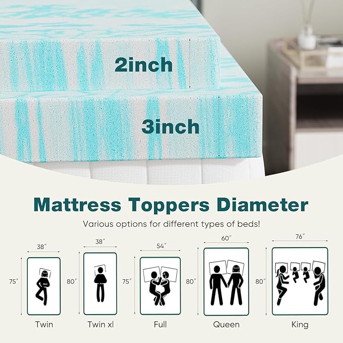 Sweetcrispy Mattress Topper Twin XL, 4 Inch Thick Memory Foam Gel Infused Cooling Toppers Pad for Twin XL Size Bed, Sleeper Sofa, RV, Camper, CertiPUR US Certified, Ventilated and Breathable