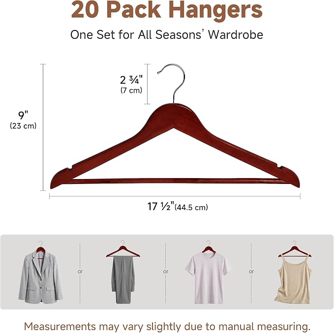 StorageWorks Wooden Hangers 20 Pack, Wood Coat Hangers for Closet, Heavy Duty Clothes Hangers for Suits, Shirts, Pants, Jackets, Dark Cherry Color - Image 2