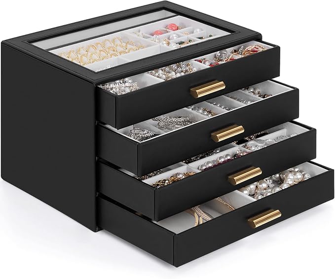 AKOZLIN Jewelry Box with Clear Lid Functional Leather Jewelry Storage Organizer Case 4 Drawers for Women Girls Necklace Ring Bracelet Earring - Image 2