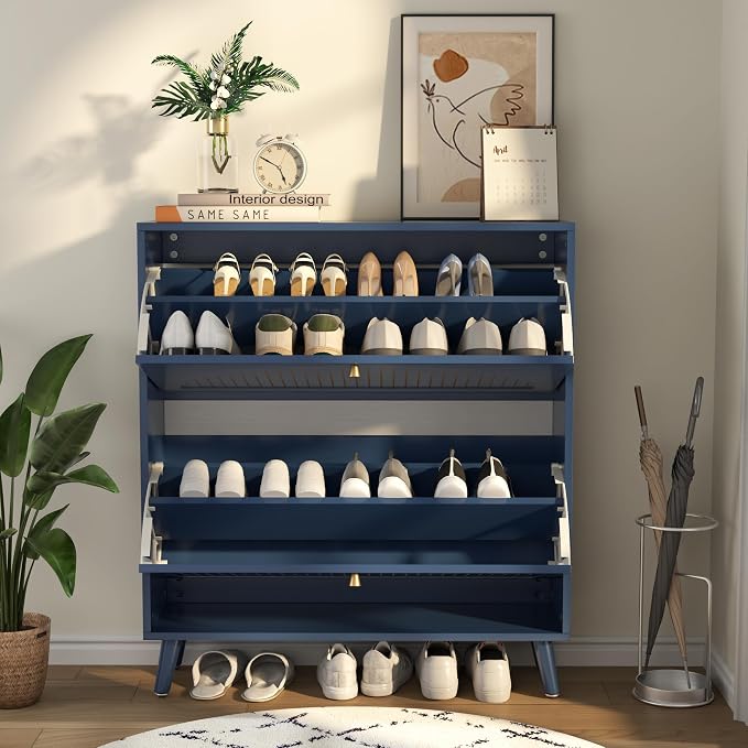 Fsbecl Shoe Storage Cabinet for Entryway with 2 Flip Drawers, Narrow Wood Shoe Cabinet with Fluted Panel, Freestanding Hidden Shoe Organizer for Foyer, Hallway (Blue - with Shelf) - Image 3