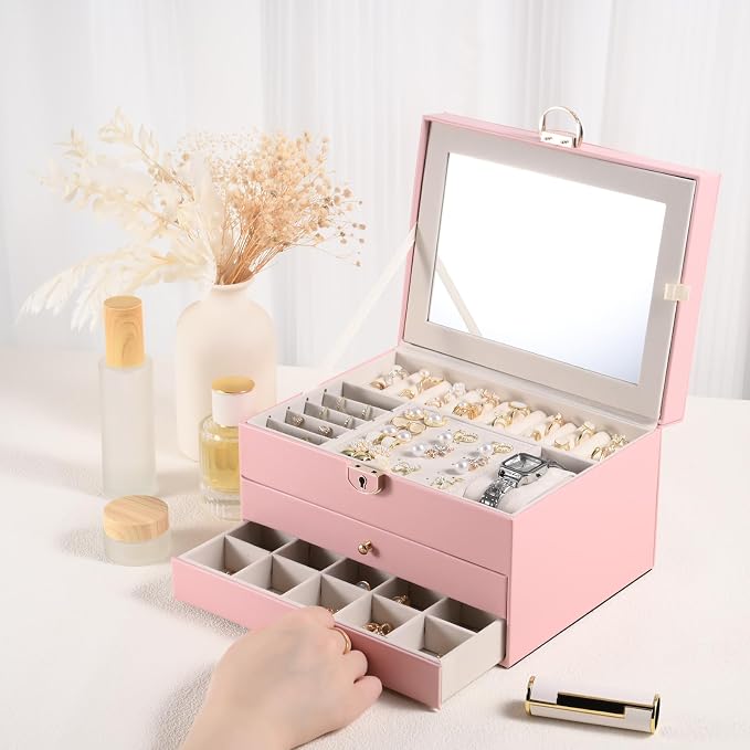 3 Layer Jewelry Boxes Large Jewelry Holder Organizer Case with 2 Jewelry Organizer Drawer PU Necklace Organizer Lockable Upgrade Mirror Gifts for Women, Pink - Image 8