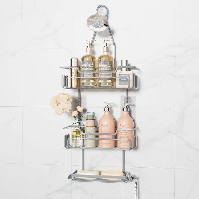 SWTYMIKI Bathroom Shower Caddy Hanging - 3 Tier Rustproof Over Shower Head Organizer, No Drilling Bathroom Shelf with 16 Hooks & Soap Holder, Anti-Swing Rack for Shampoo,Sponge,Towel, Silver, Medium by SwtyMiki-TidyHomeSweetLife