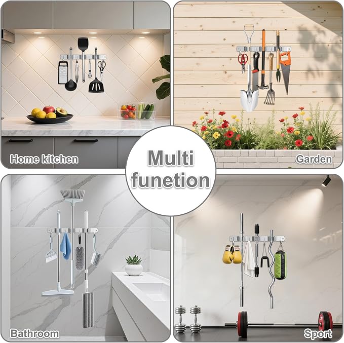 HANZENMA Broom Holder Wall Mount, Broom Organizer Wall Mount Stainless Steel Broom and Mop Hanger Heavy Duty Storage Organization for Home Kitchen Garden Garage Room 3 Racks 4 Hooks Grey - Image 5