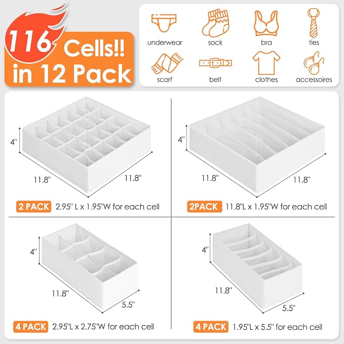 12 Pack Drawer Organizers for Clothing, 116 Large Compartments Fabric Dresser Closet Organizers and Storage Bins for Baby Clothing, Women Men Underwear Socks, Bra, Ties, College Dorm Room Essentials - Image 2