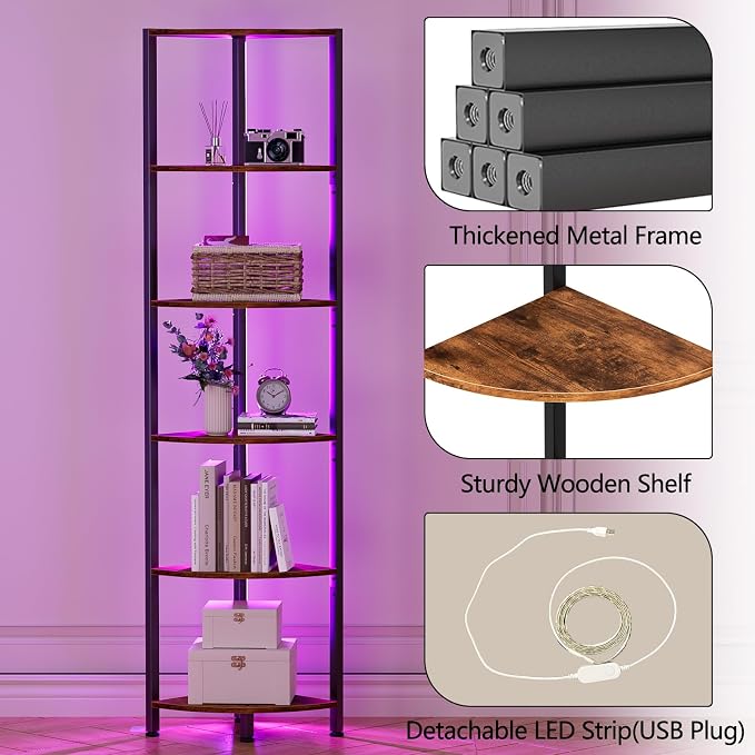 Furnulem 6 Tier Corner Shelf with LED Light, 67.5” Tall Standing Shelf Organizer, Narrow Bookshelf with Storage Rack for Wall Corner, Living Room, Bedroom, Metal Frame, Wood Display Shelf - Image 5