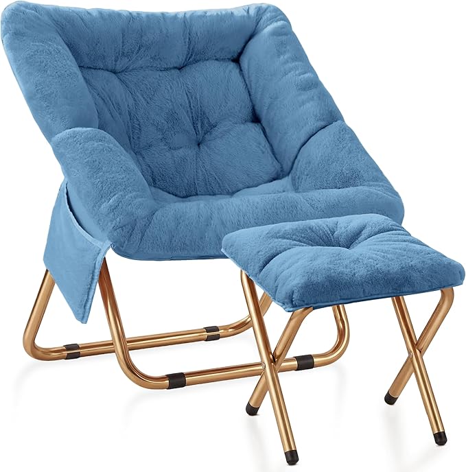 Kasunpul Comfy Saucer Chair, Foldable Living Room Chairs, Soft Faux Fur Lounge Chair for Bedroom, Reading Chairs for Adults, Teens, X-Large (Blue)