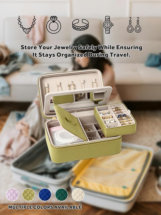 Velvet Travel Jewelry Box with Large Mirror, Double-Layer Jewelry Organizer Case for Women and Girls, Portable Storage Case with 6 Anti-Tarnish Bags Gift Ready for Her (Avocado Green) - Image 8