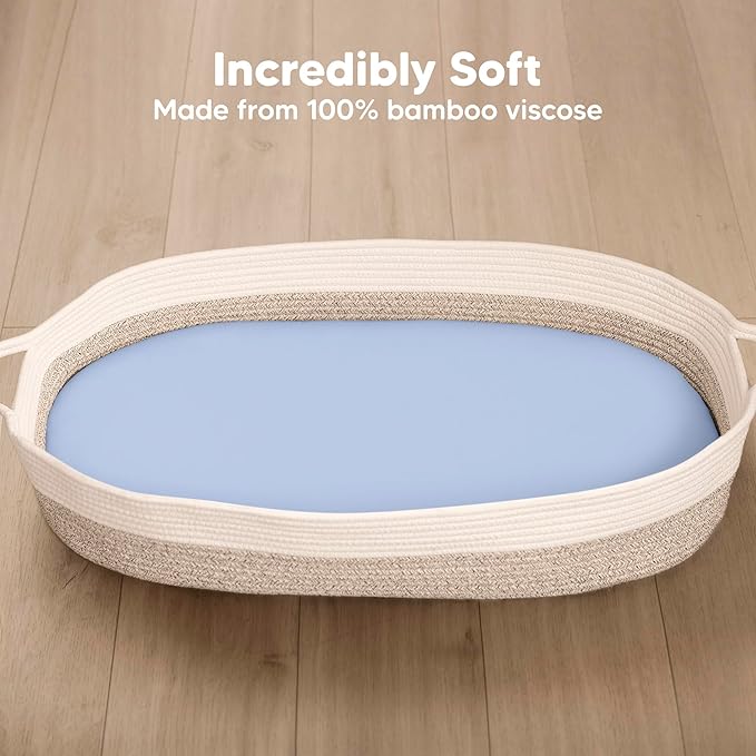 2-Pack Baby Bassinet Sheets Girl, Boy - 33x17 Viscose Derived from Bamboo Bedside Mattress Fitted Bassinet Sheets, Compatible with Halo Bassinest Swivel Sleeper, Baby Delight, Graco (Blue Flax)