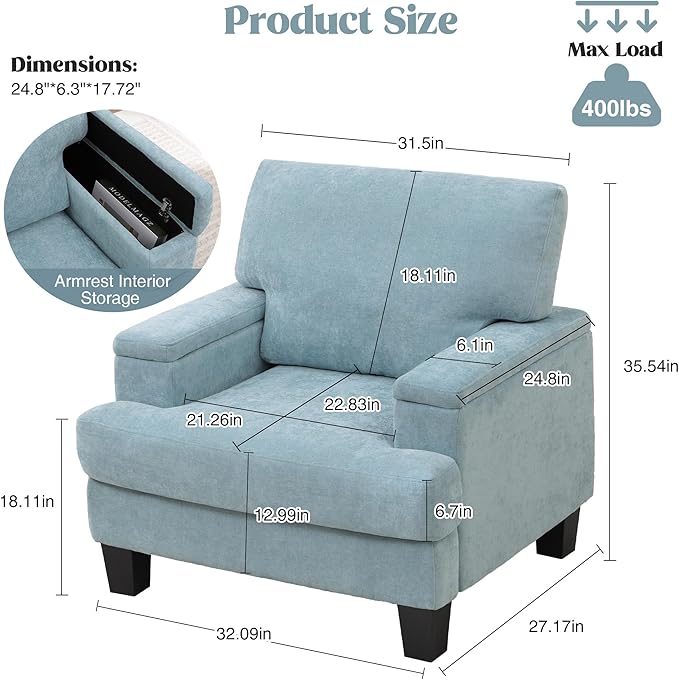 Oversized Accent Chair Set of 2 with Storage Armrest, Modern Upholstered Reading Living Room Chairs, Comfy Large Armchair, Fabric Single Sofa Chair for Bedroom (Green)