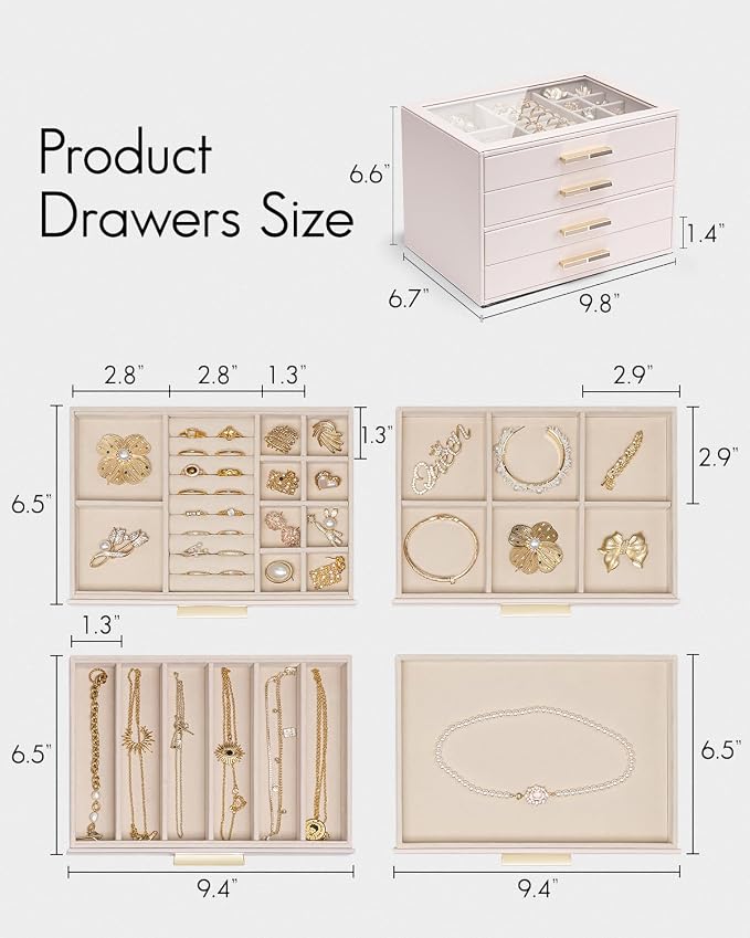 VLANDO 4 Layer Jewelry Box for Women, Glass Lid Jewelry Organizer with 4 Drawers for Necklaces Rings Earrings Bracelets - Light Pink - Image 6