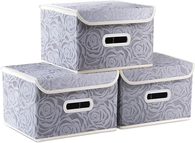 PRANDOM Collapsible Storage Boxes with Lids Fabric Decorative Storage Bins Cubes Organizer Containers Baskets with Cover Handles Divider for Bedroom Closet Living Room 9.8x7.9x6.7 Inch 3 Pack by Prandom