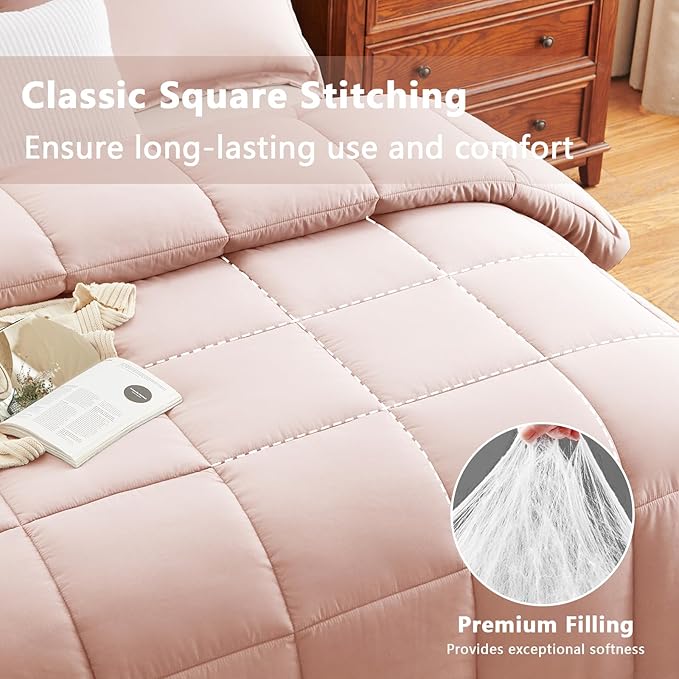 CozyLux King Comforter Set - Blush Pink Comforter King Size, 3 Pieces Box Stitched Bed Set for All Seasons, Soft Lightweight Bedding Sets with 1 Down Alternative Comforter and 2 Pillow Shams
